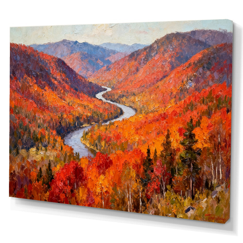Crimson Woodland River canvas wall art, angled canvas mockup on a white background.