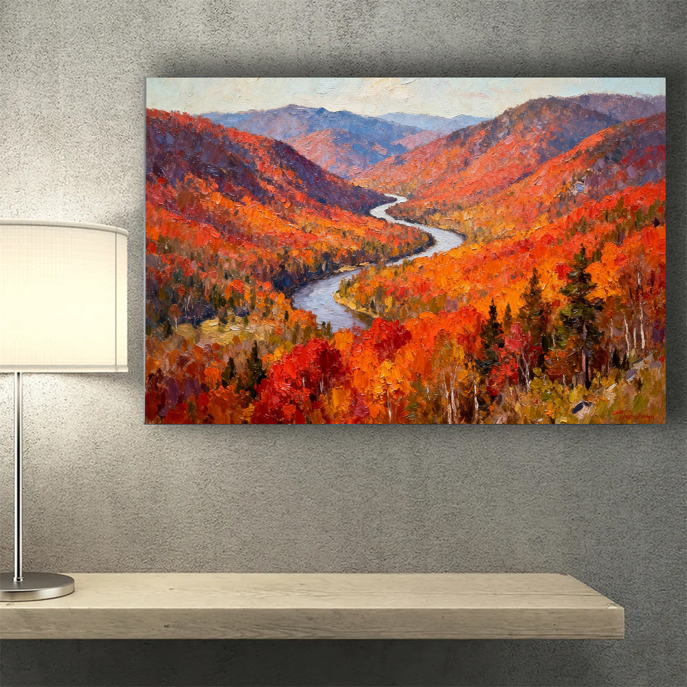 Crimson Woodland River canvas wall art, wall mockup above a console.