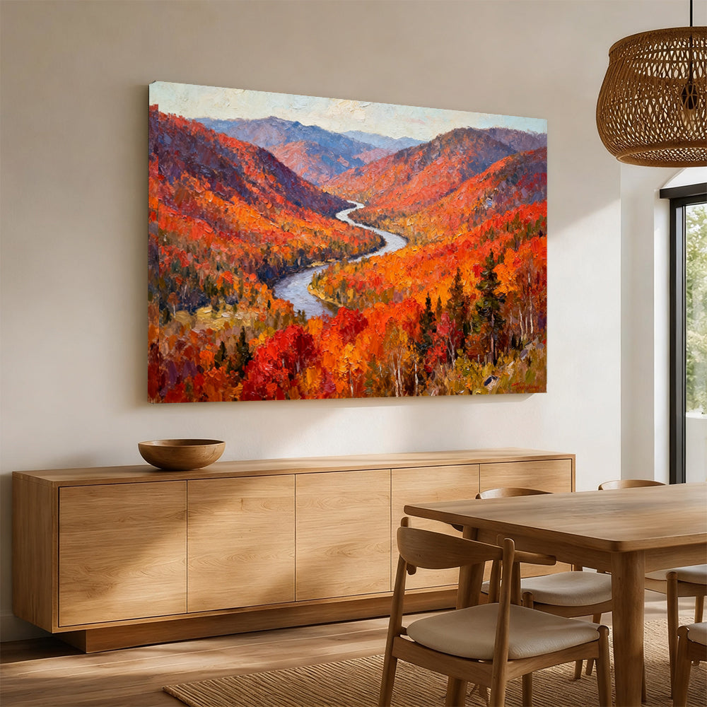 Crimson Woodland River canvas wall art, angled mockup above a sideboard.