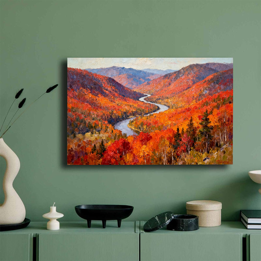 Crimson Woodland River canvas wall art, mockup on a green wall.