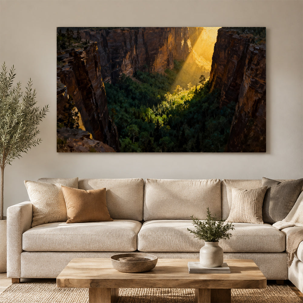 Sunbeam Forest Gorge canvas wall art, living room mockup above a sofa.
