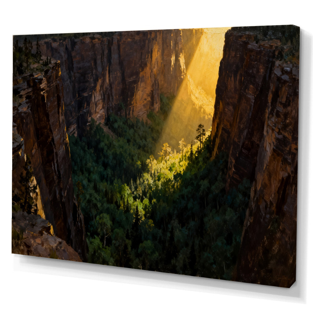 Sunbeam Forest Gorge canvas wall art, angled canvas mockup on a white background.