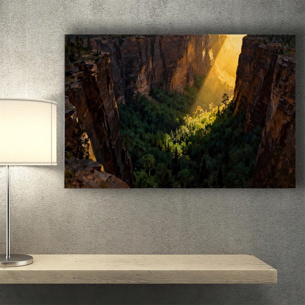 Sunbeam Forest Gorge canvas wall art, wall mockup above a console.