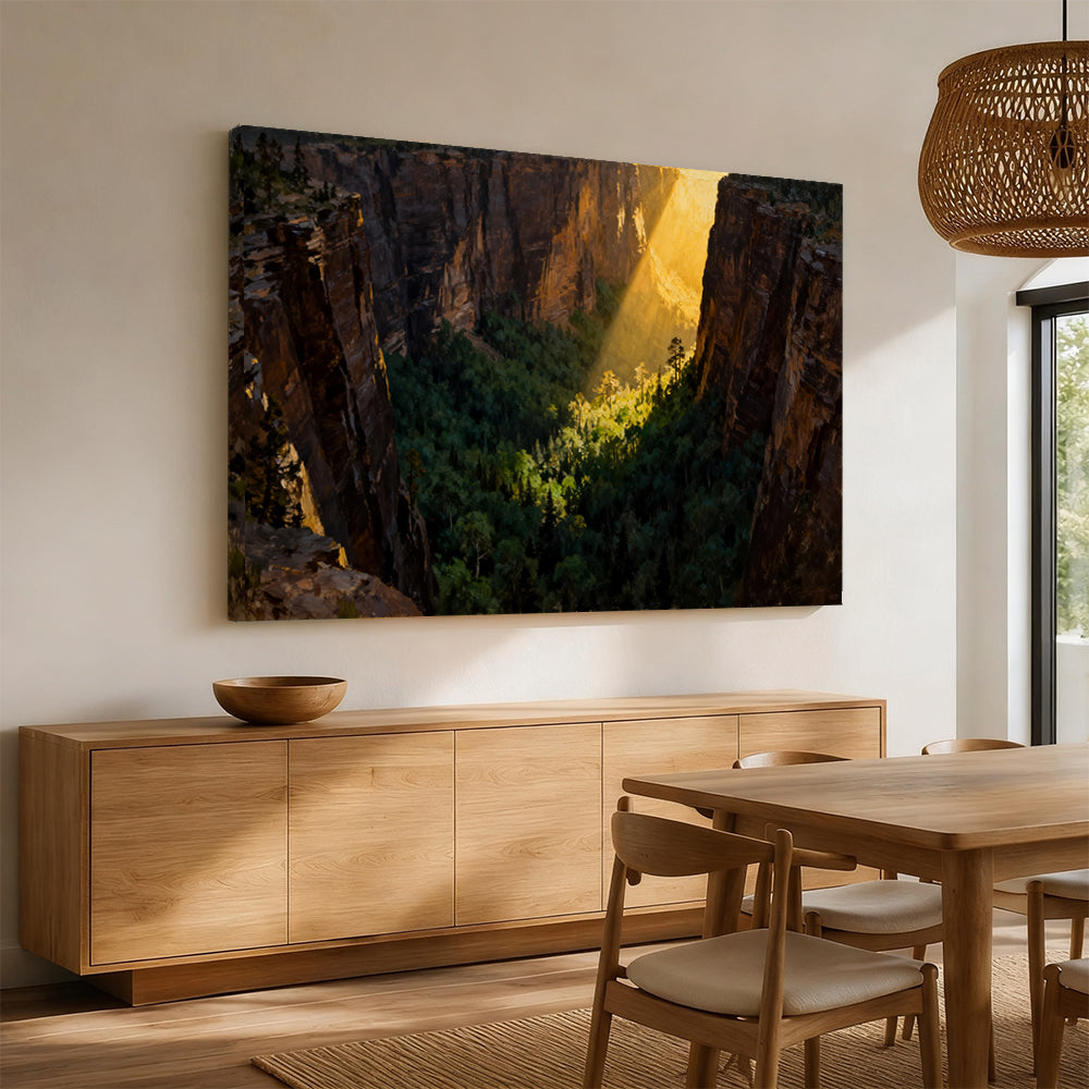 Sunbeam Forest Gorge canvas wall art, angled mockup above a sideboard.