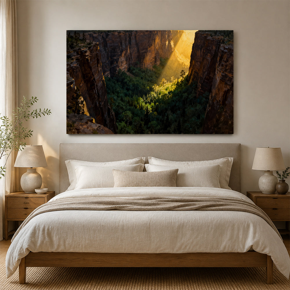 Sunbeam Forest Gorge canvas wall art, bedroom mockup above a bed.
