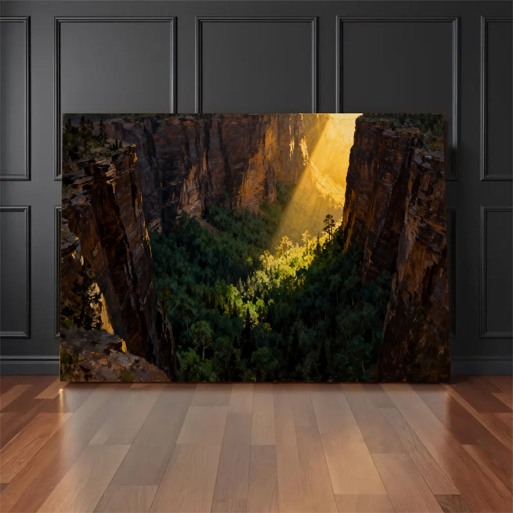 Sunbeam Forest Gorge canvas wall art, floor display against a dark wall.