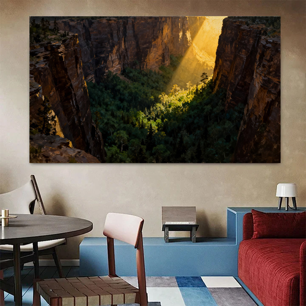 Sunbeam Forest Gorge canvas wall art, colorful room mockup.