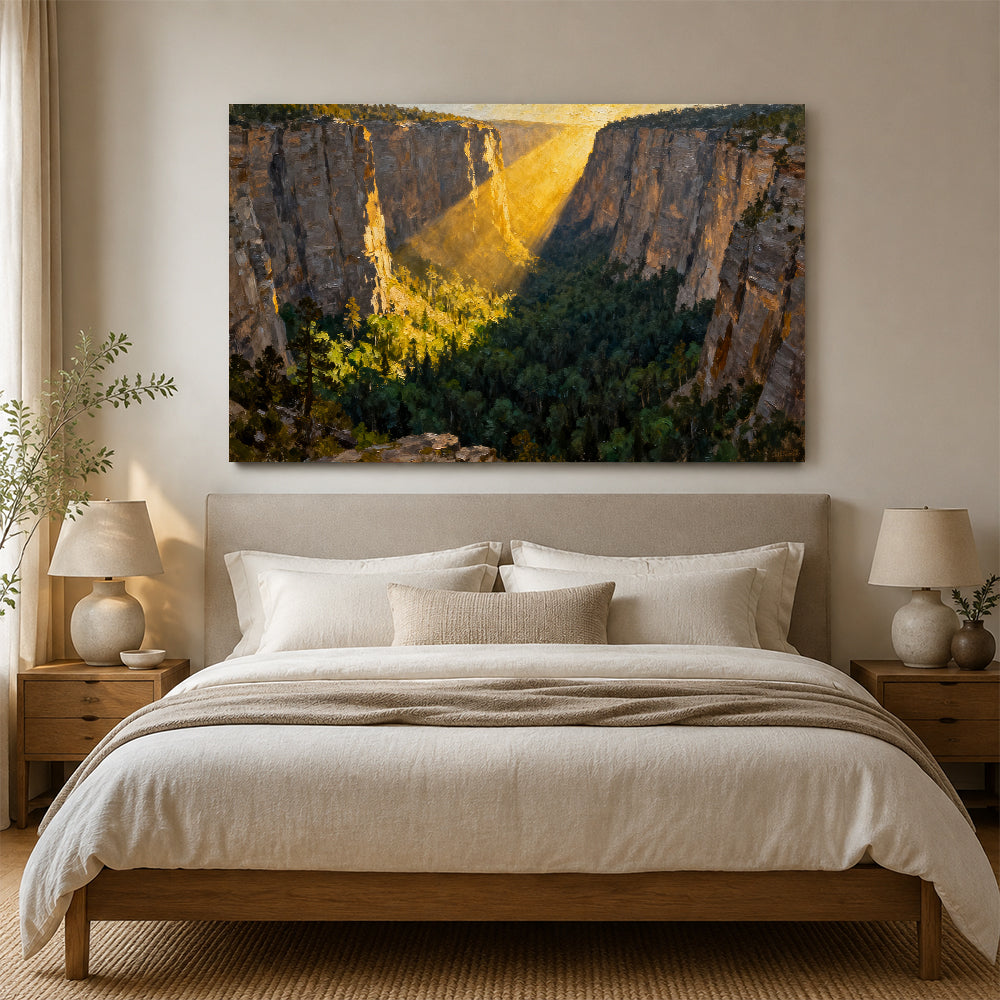 Golden Canyon Light canvas wall art, bedroom mockup above a bed.