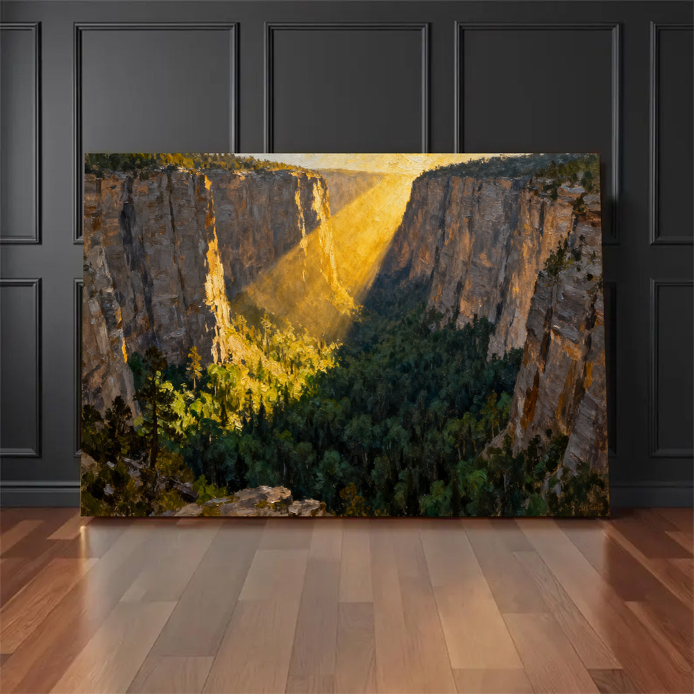 Golden Canyon Light canvas wall art, floor display against a dark wall.