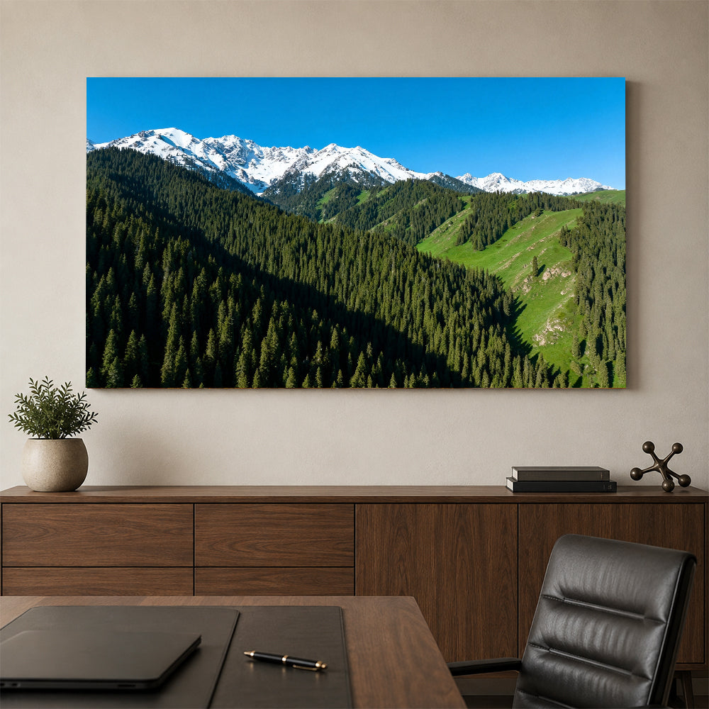 Alpine Forest Skyline canvas wall art, office mockup above a desk.