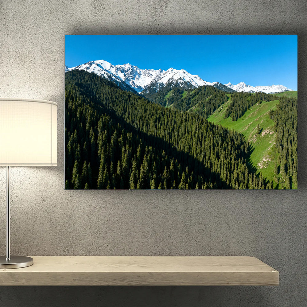 Alpine Forest Skyline canvas wall art, wall mockup above a console.