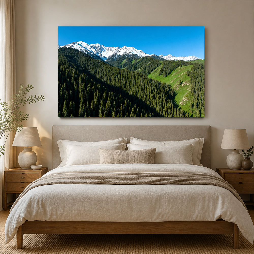 Alpine Forest Skyline canvas wall art, bedroom mockup above a bed.