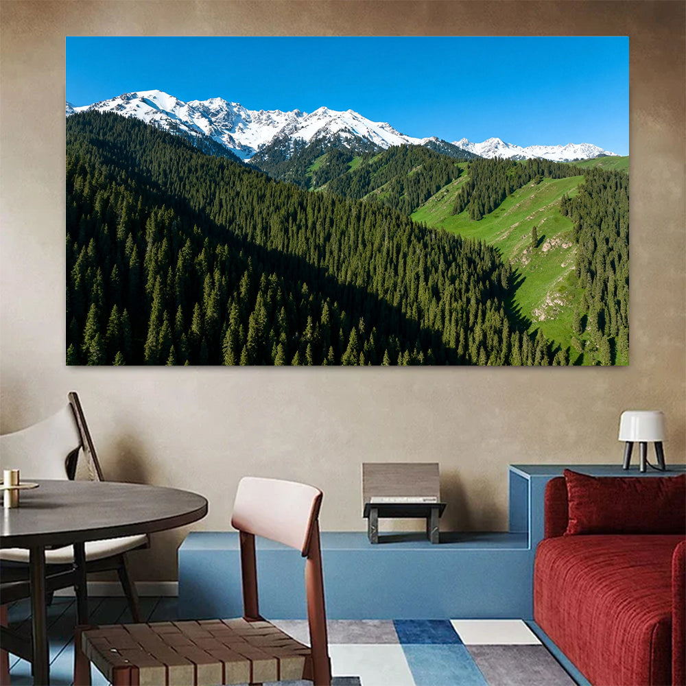 Alpine Forest Skyline canvas wall art, colorful room mockup.
