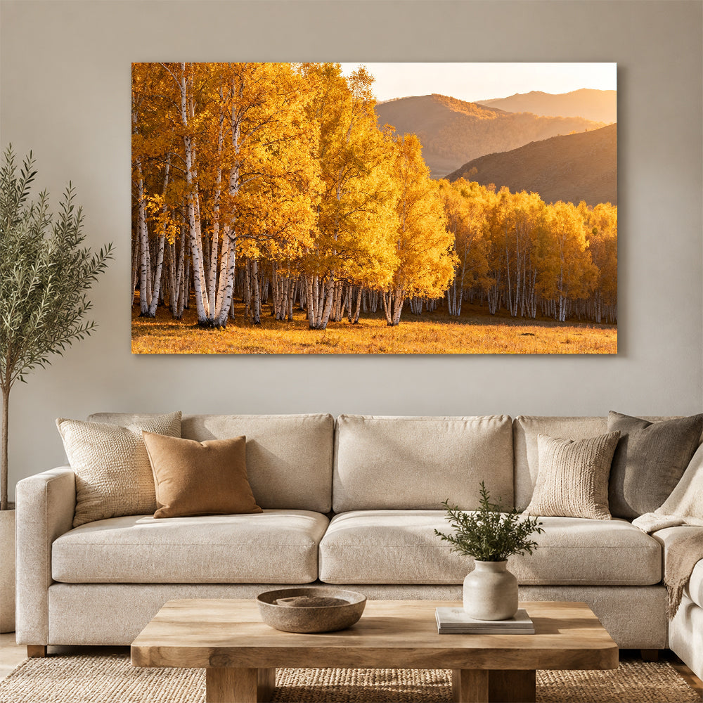 Golden Birch Grove canvas wall art, living room mockup above a sofa.