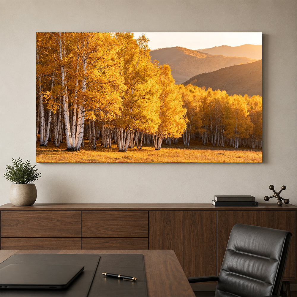 Golden Birch Grove canvas wall art, office mockup above a desk.