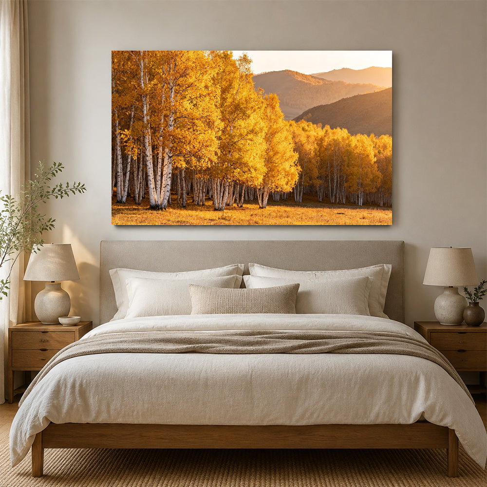 Golden Birch Grove canvas wall art, bedroom mockup above a bed.