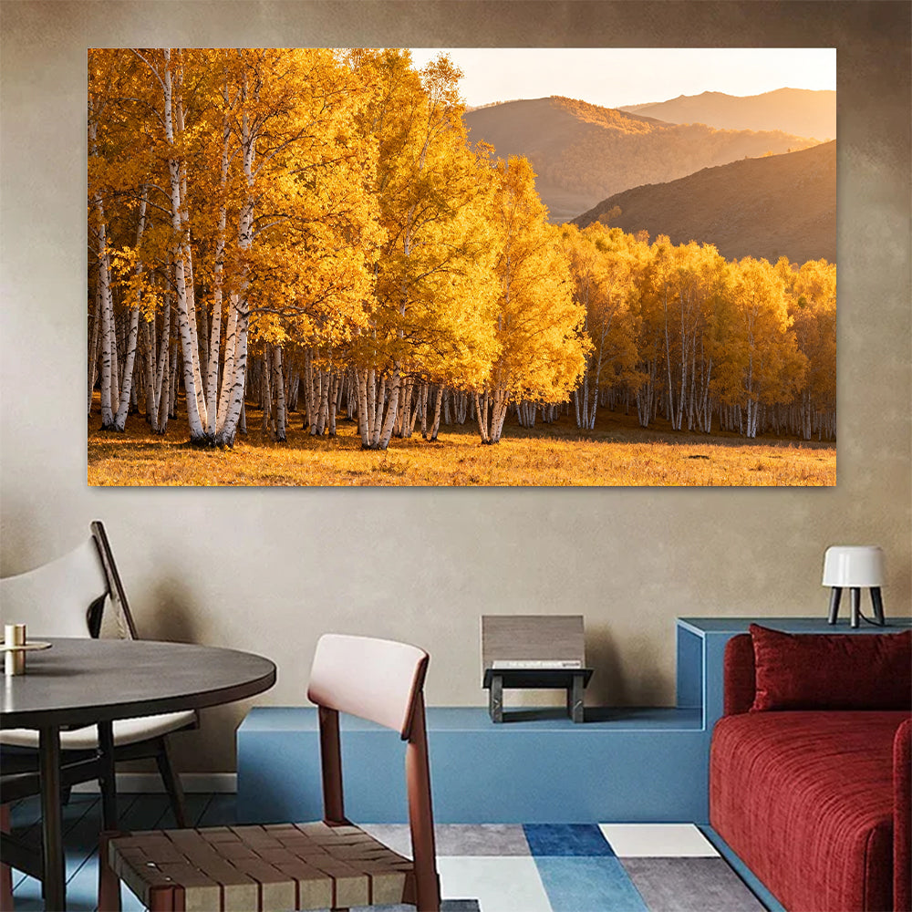 Golden Birch Grove canvas wall art, colorful room mockup.