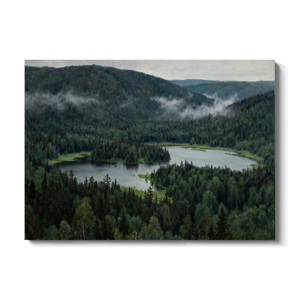 Woodland Lake Overlook canvas wall art, front view on a white background.
