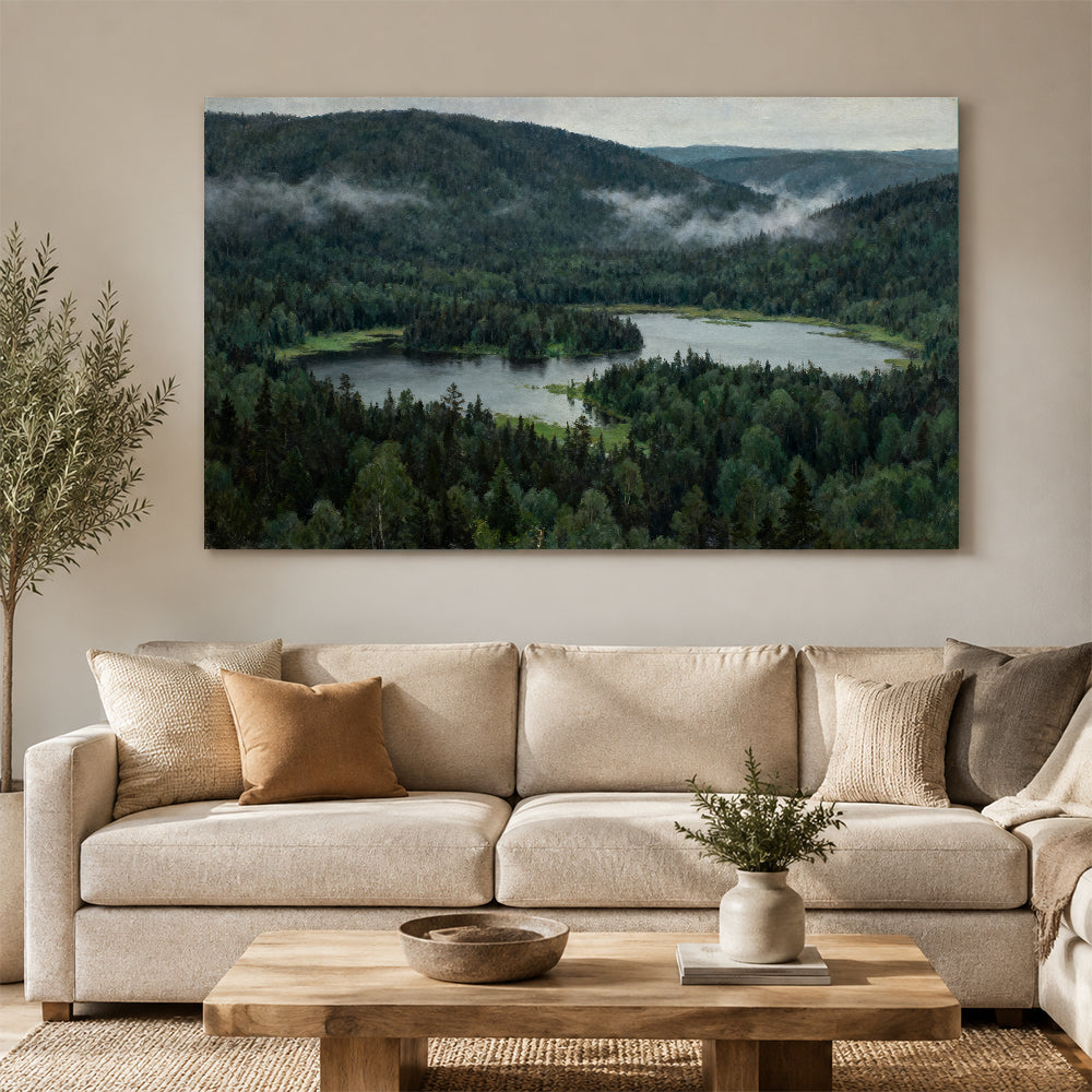 Woodland Lake Overlook canvas wall art, living room mockup above a sofa.