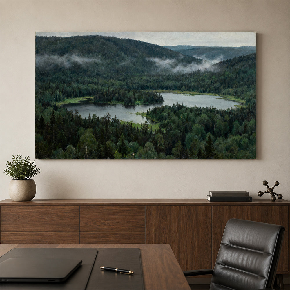 Woodland Lake Overlook canvas wall art, office mockup above a desk.