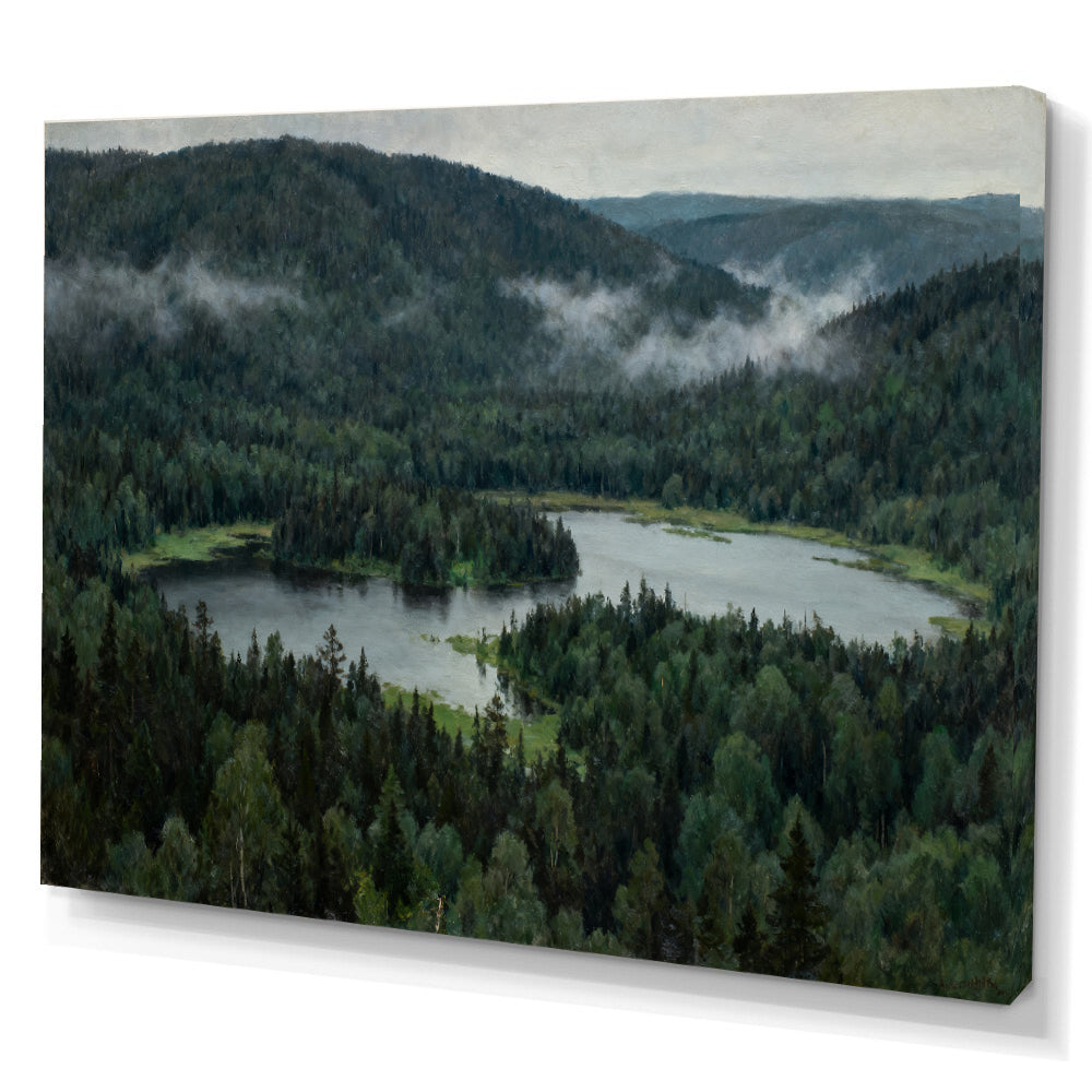 Woodland Lake Overlook canvas wall art, angled canvas mockup on a white background.