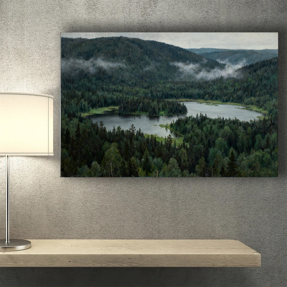 Woodland Lake Overlook canvas wall art, wall mockup above a console.