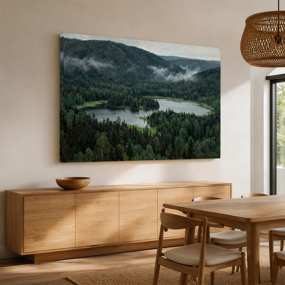 Woodland Lake Overlook canvas wall art, angled mockup above a sideboard.