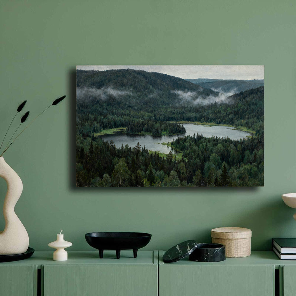 Woodland Lake Overlook canvas wall art, mockup on a green wall.