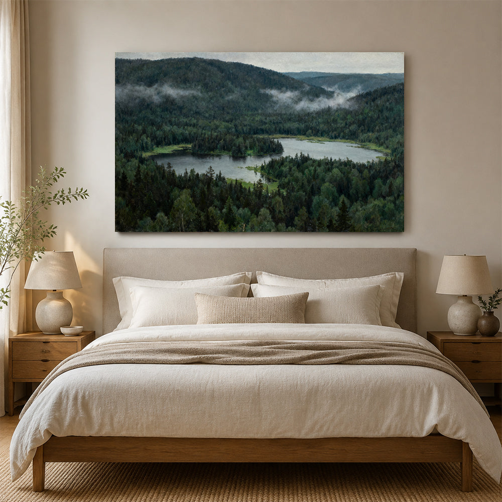 Woodland Lake Overlook canvas wall art, bedroom mockup above a bed.