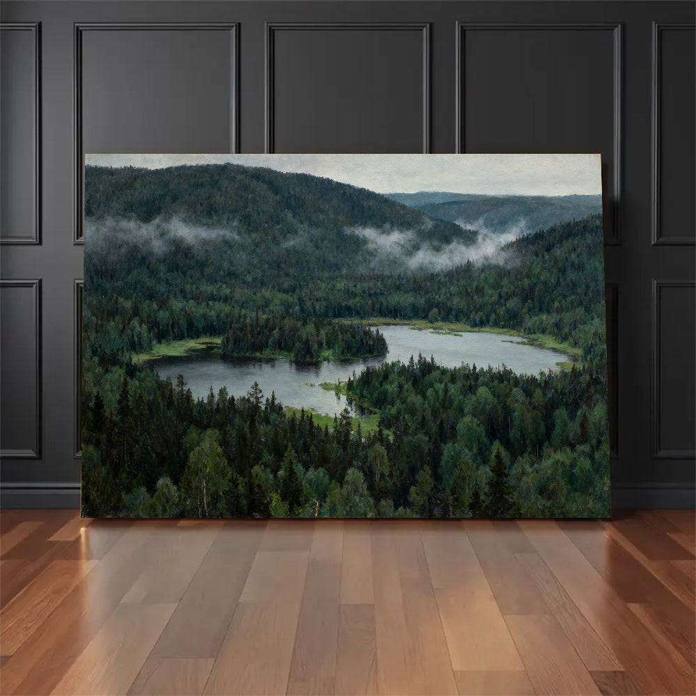 Woodland Lake Overlook canvas wall art, floor display against a dark wall.