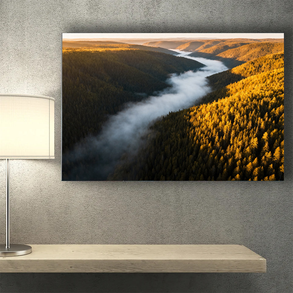 Autumn Valley Fog canvas wall art, wall mockup above a console.