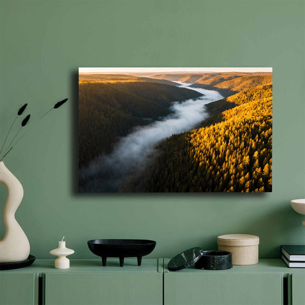 Autumn Valley Fog canvas wall art, mockup on a green wall.