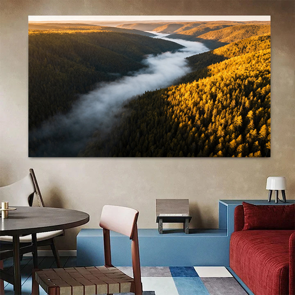 Autumn Valley Fog canvas wall art, colorful room mockup.