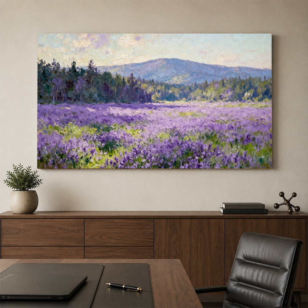 Violet Meadow Hills canvas wall art, office mockup above a desk.