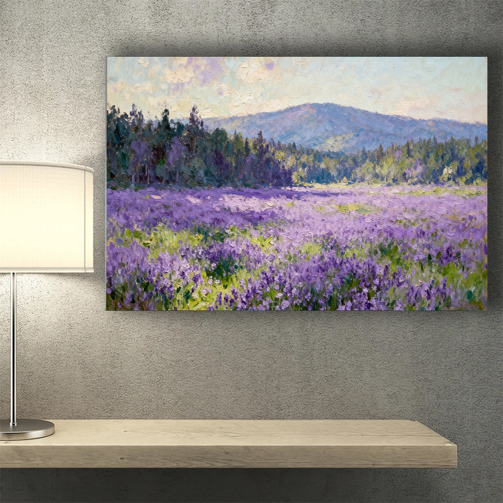 Violet Meadow Hills canvas wall art, wall mockup above a console.