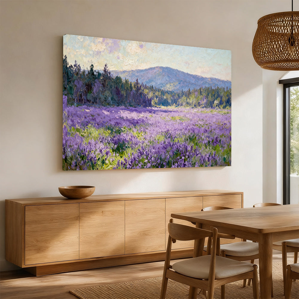 Violet Meadow Hills canvas wall art, angled mockup above a sideboard.