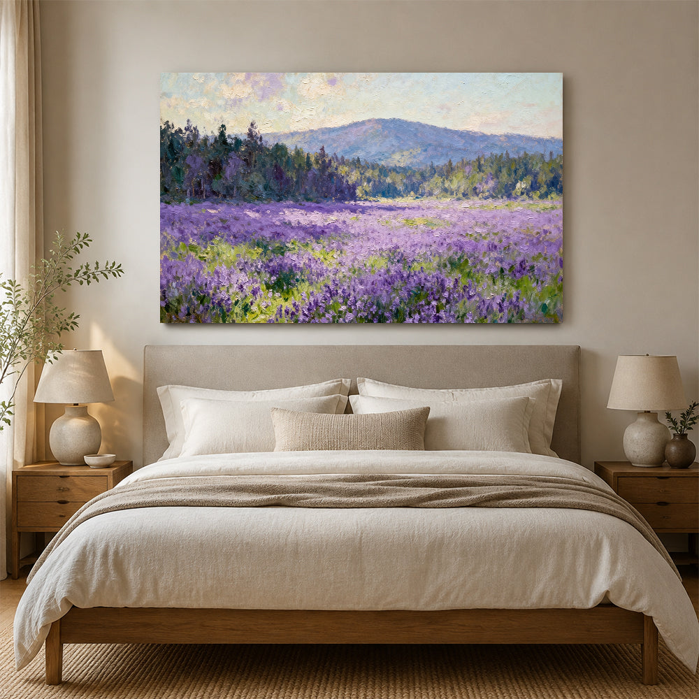 Violet Meadow Hills canvas wall art, bedroom mockup above a bed.