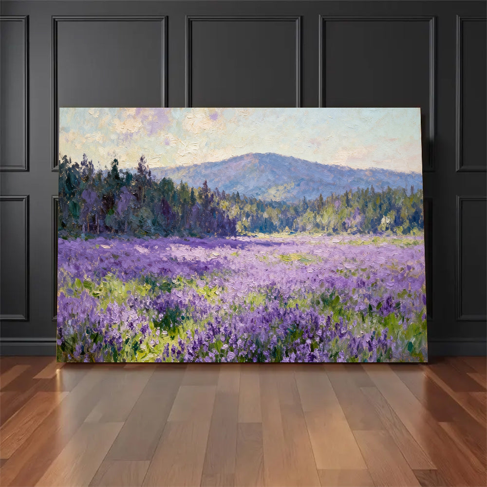 Violet Meadow Hills canvas wall art, floor display against a dark wall.