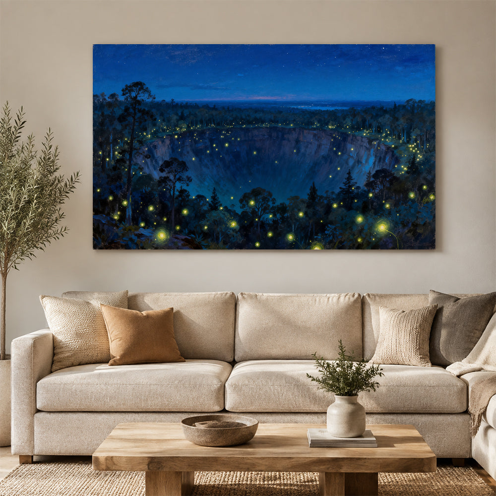 Firefly Forest Night canvas wall art, living room mockup above a sofa.