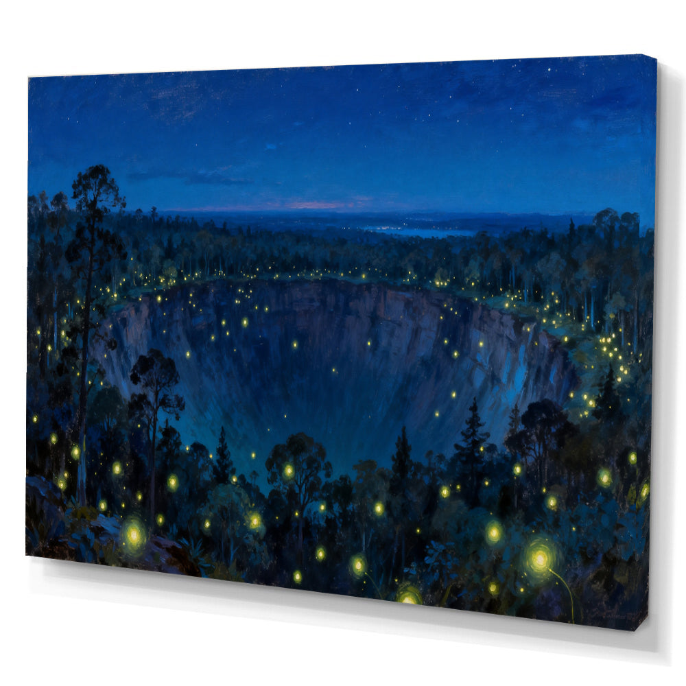 Firefly Forest Night canvas wall art, angled canvas mockup on a white background.