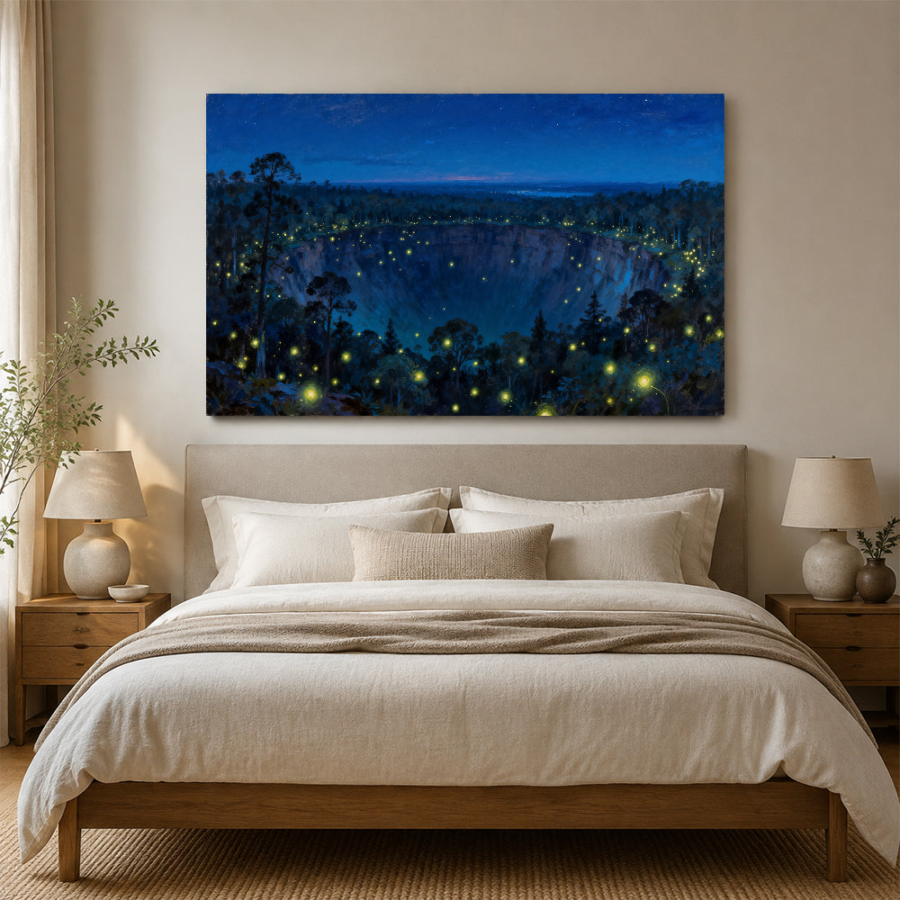 Firefly Forest Night canvas wall art, bedroom mockup above a bed.