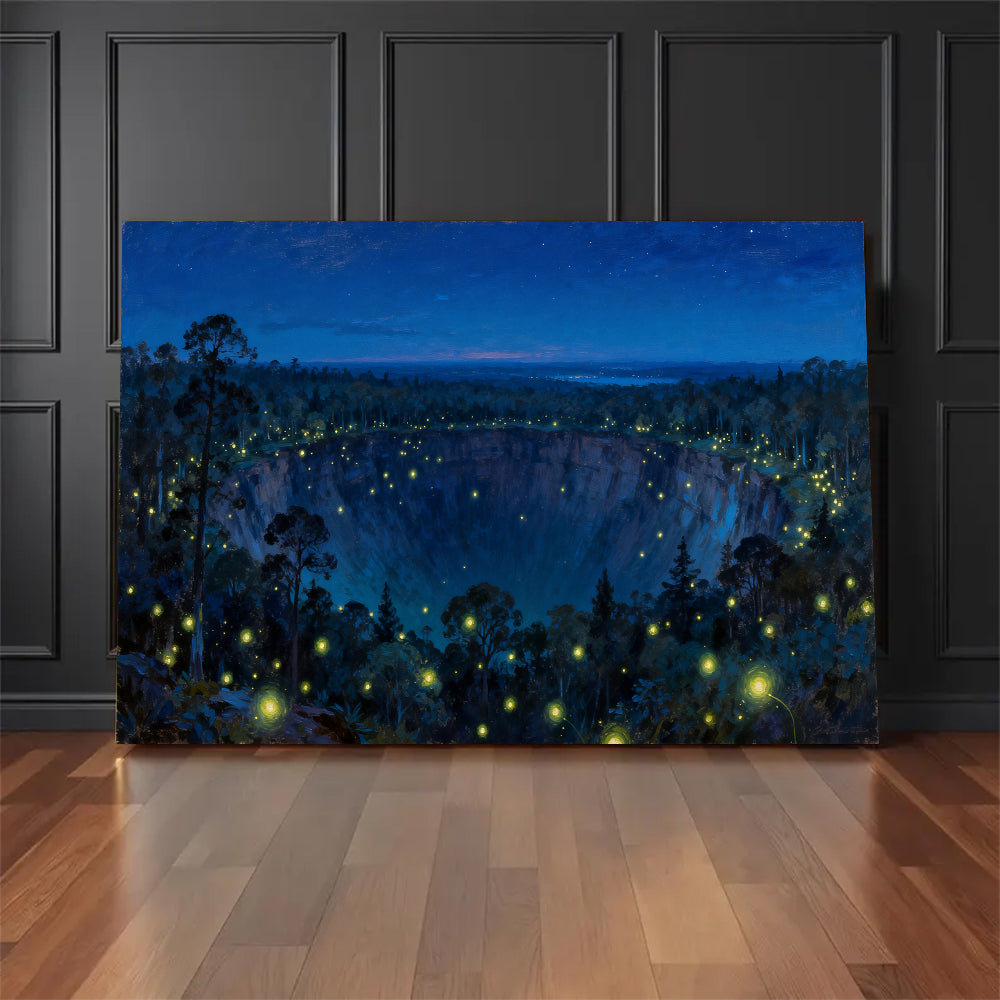 Firefly Forest Night canvas wall art, floor display against a dark wall.