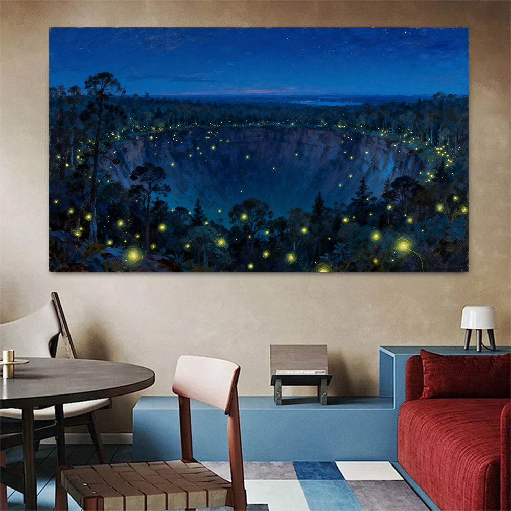 Firefly Forest Night canvas wall art, colorful room mockup.