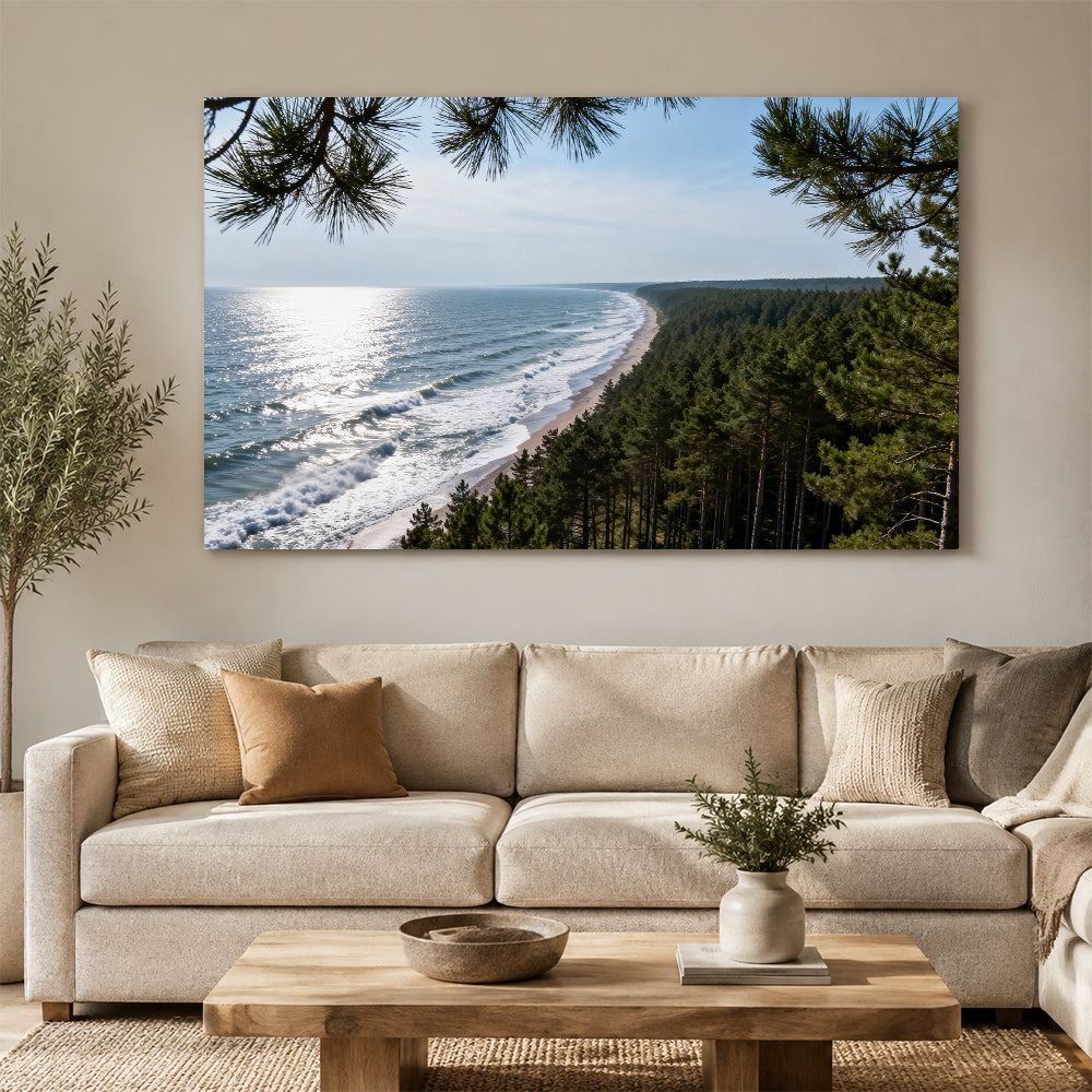 Pine Coast Vista canvas wall art, living room mockup above a sofa.