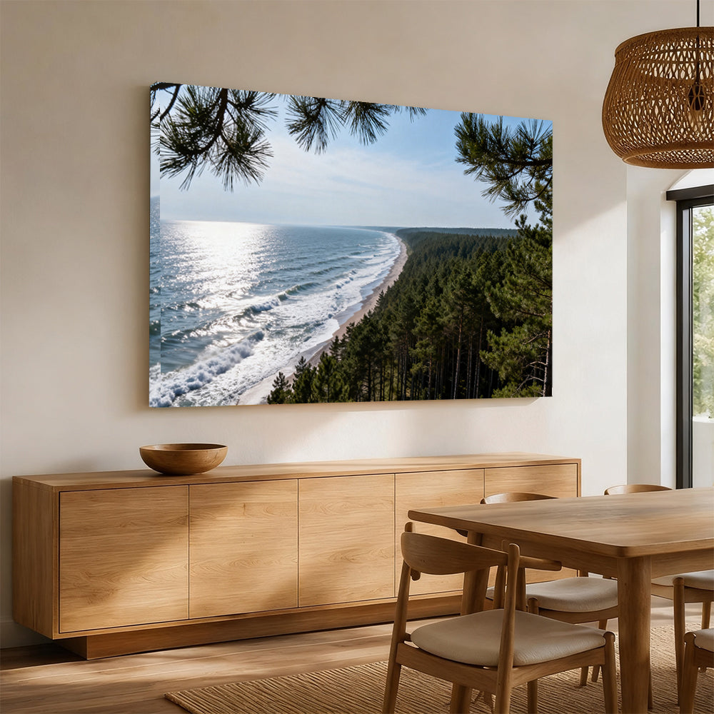 Pine Coast Vista canvas wall art, angled mockup above a sideboard.