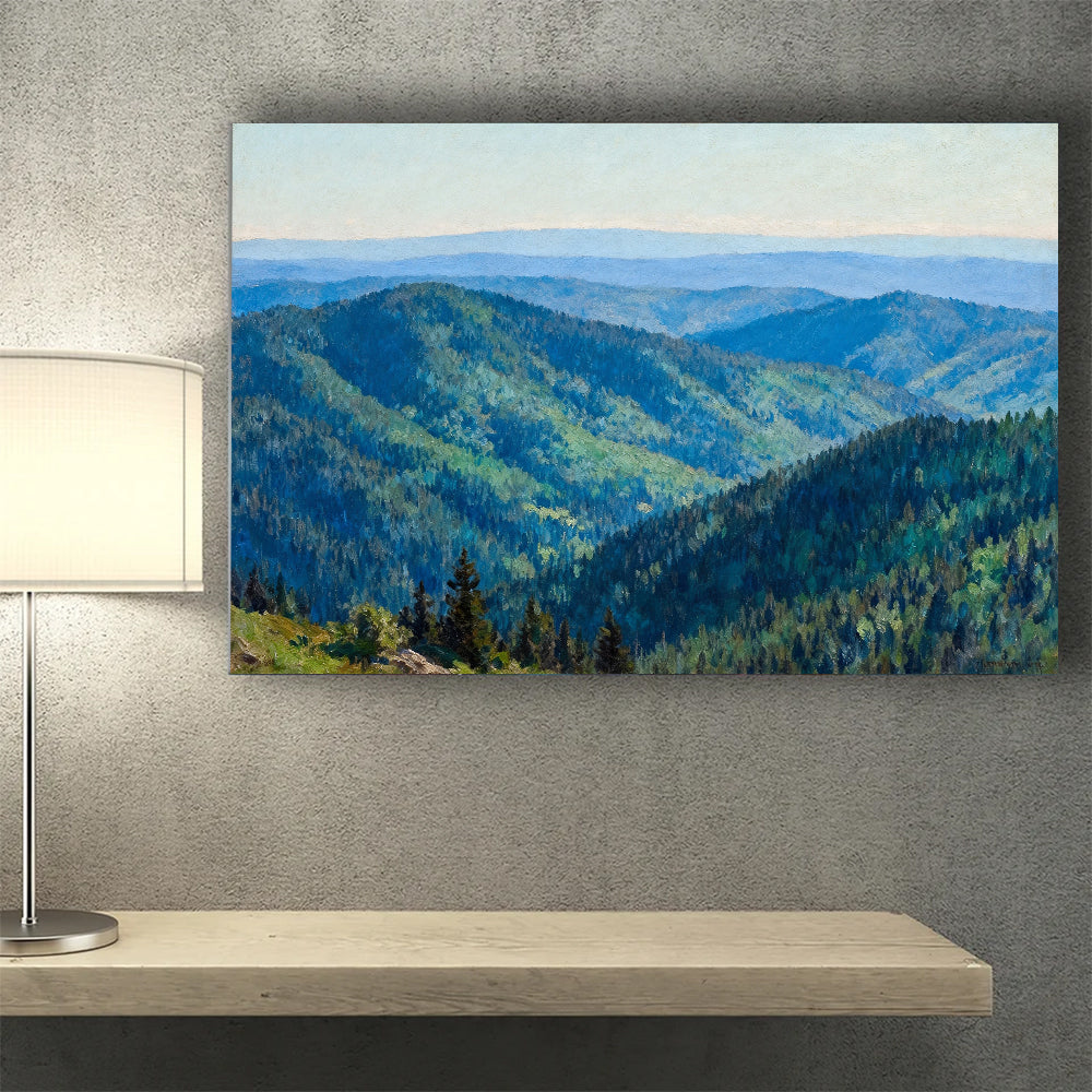 Rolling Forest Hills canvas wall art, wall mockup above a console.