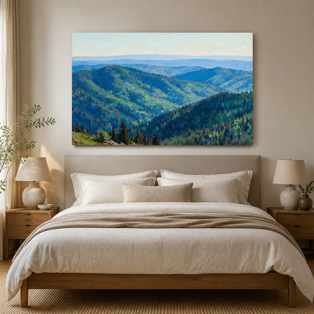 Rolling Forest Hills canvas wall art, bedroom mockup above a bed.