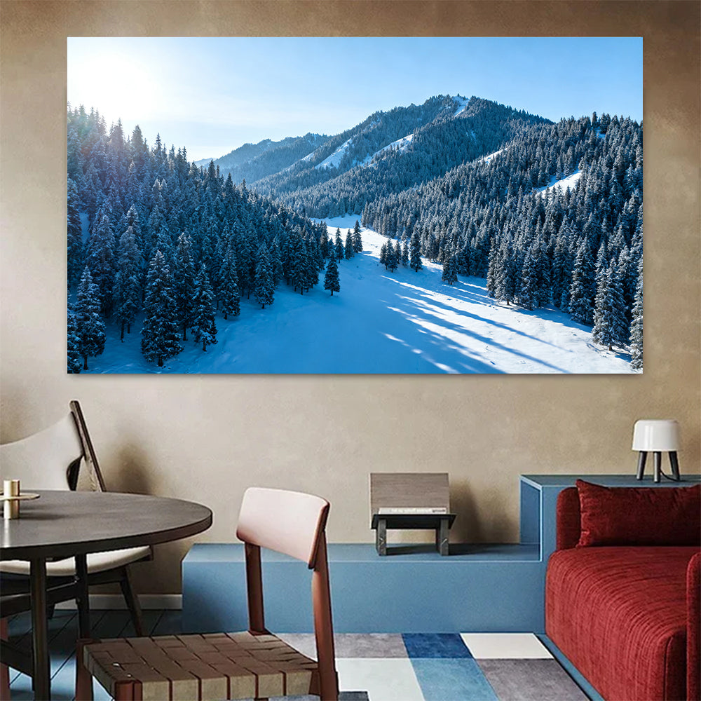 Snowy Woodland Valley canvas wall art, colorful room mockup.