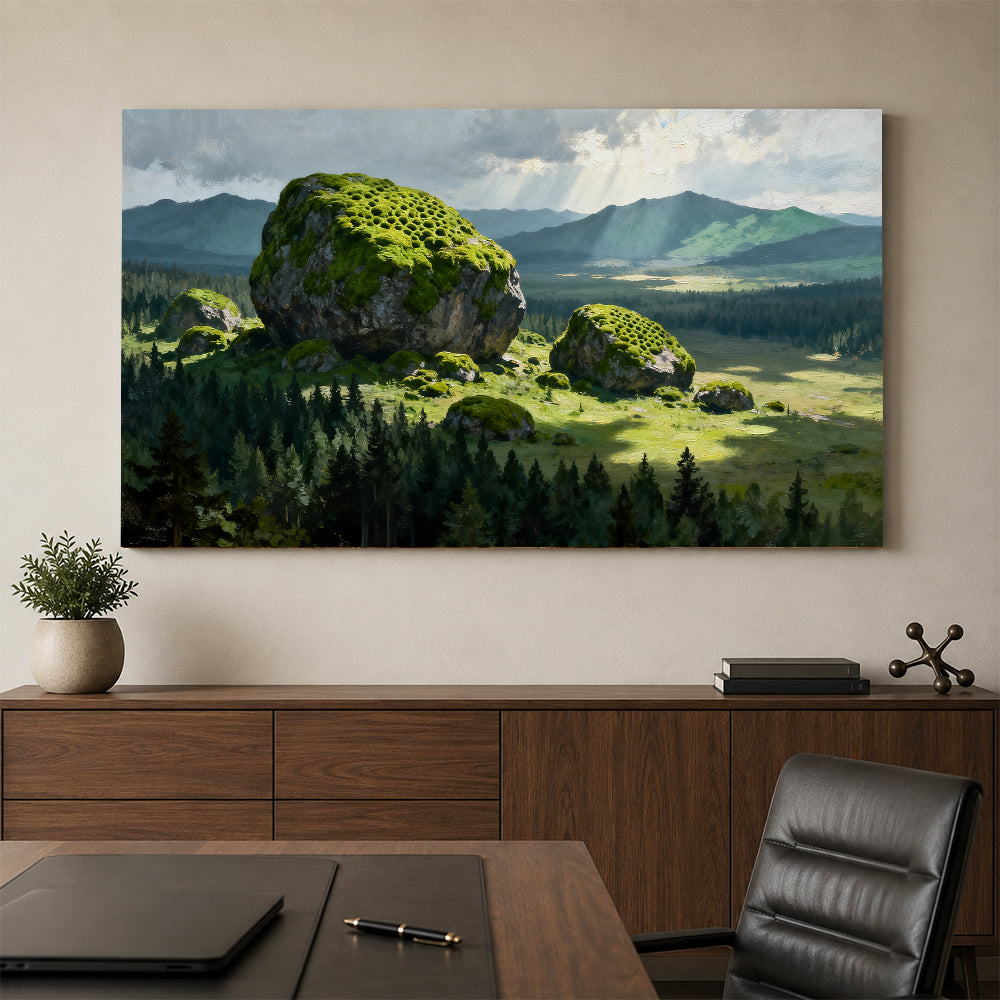 Mossy Boulder Meadow canvas wall art, office mockup above a desk.