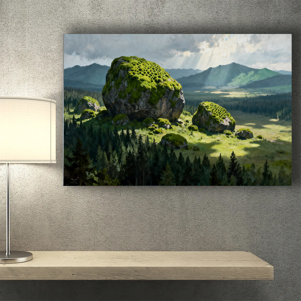 Mossy Boulder Meadow canvas wall art, wall mockup above a console.
